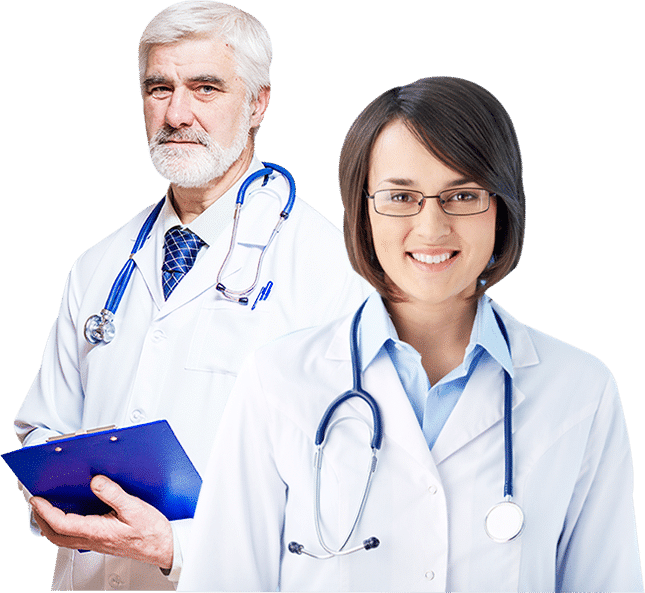 Two doctors with stethoscopes, one holding clipboard.