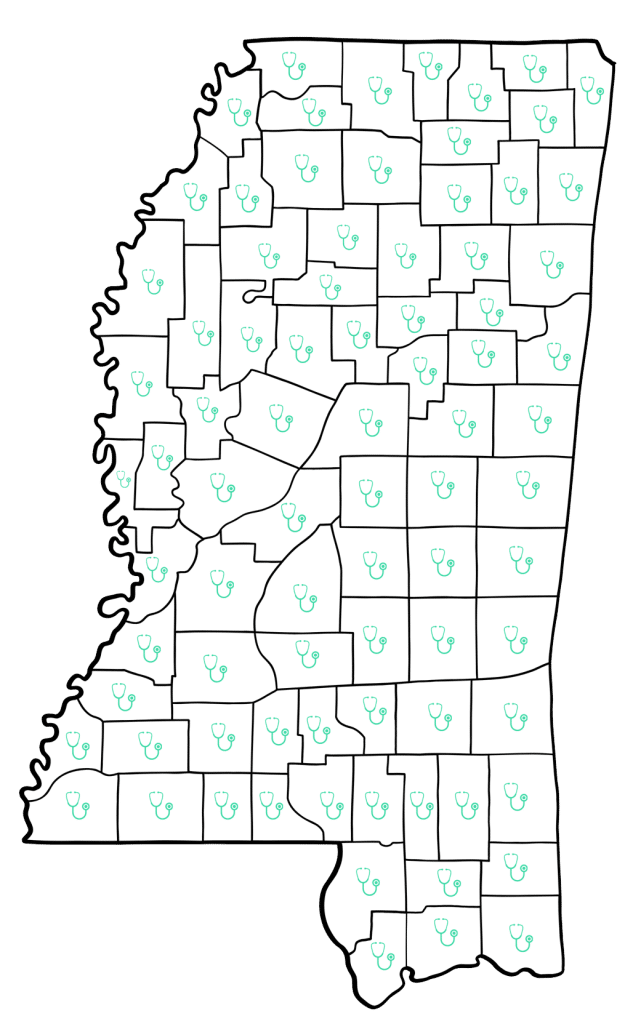 Mississippi map with stethoscope icons
